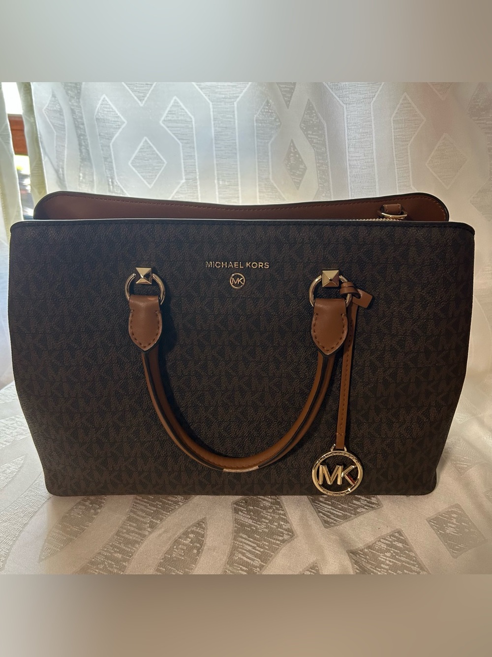 Michael Kors Dark Brown Monogram Satchel with Tan Trim